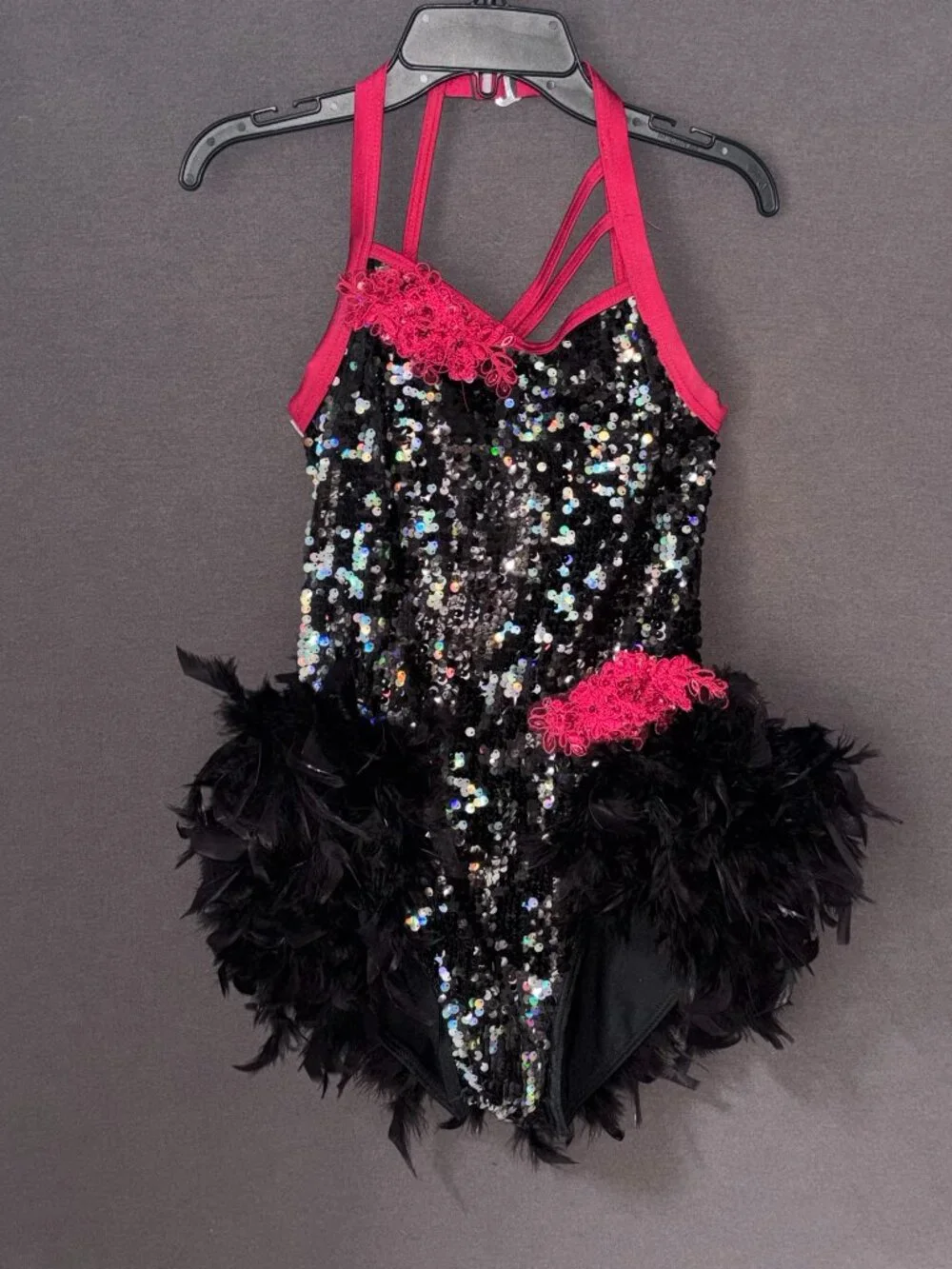 Weissman Black Pink Sequin Feather Bustle Halter Dance Costume Leotard LC
